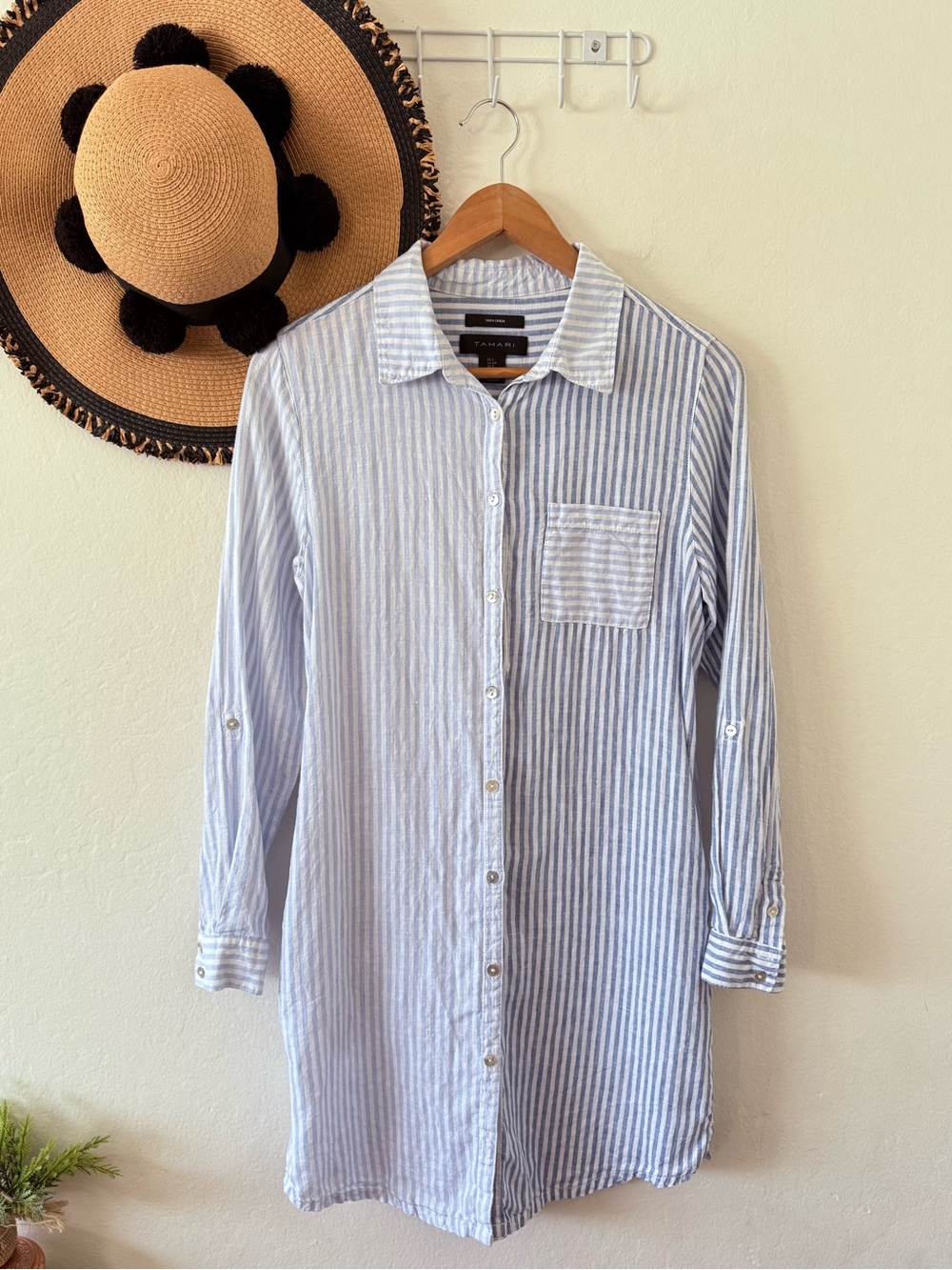 Tahari Linen Ombré Stripe Long Sleeve Button Down Tunic Shirt Dress Small